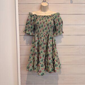 Mille Resort & Travel Smocked Floral Mini Dress XS Green Pink Cotton